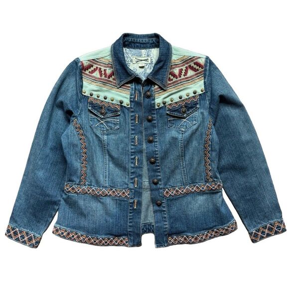 Coldwater Creek Size PM Aztec Southwestern Print Denim Blue Jean Cotton Jacket - Picture 1 of 10